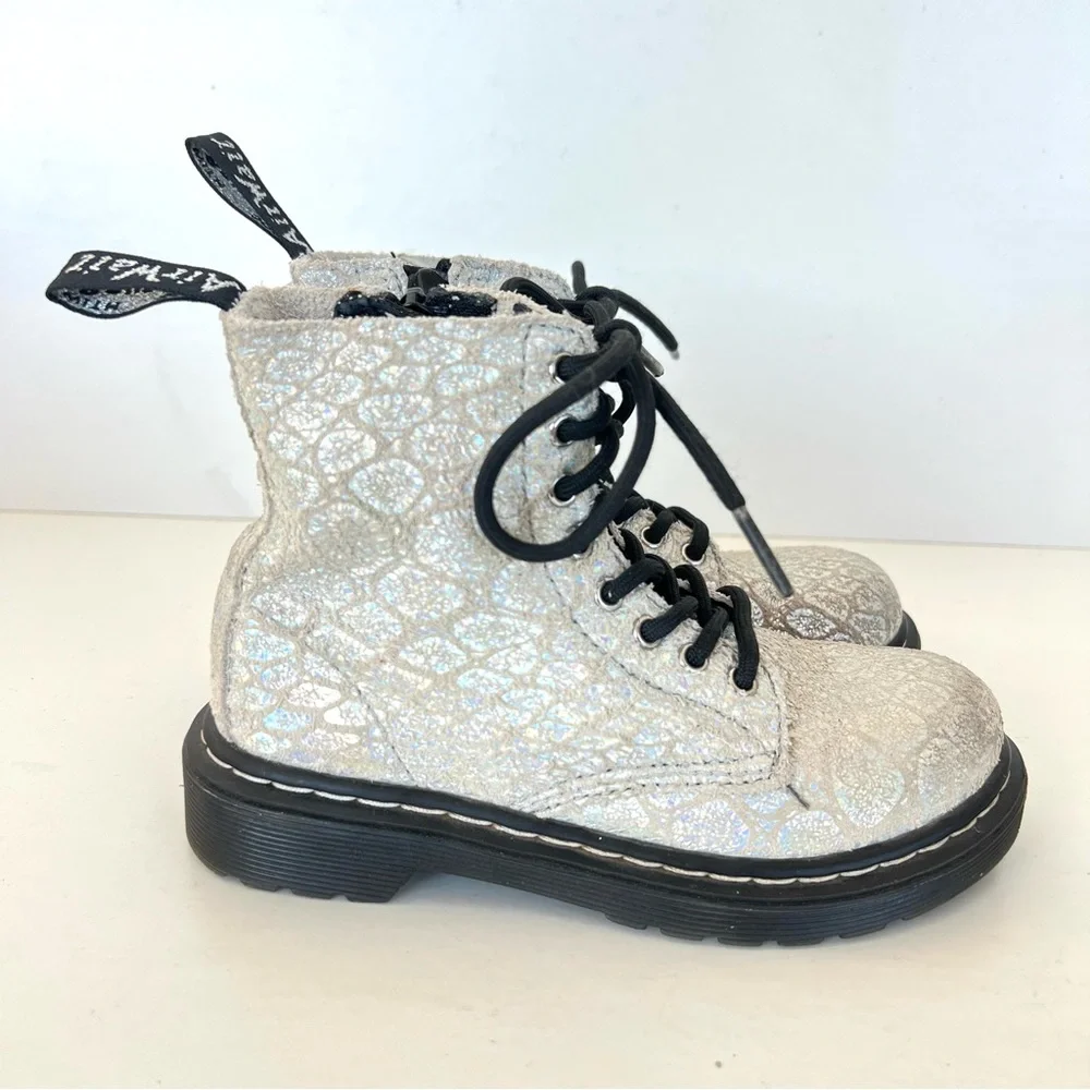 DR. MARTEN 1460 Pascal White Snake Suede Metallic Zip Ankle Boots Sz 12 (girls)